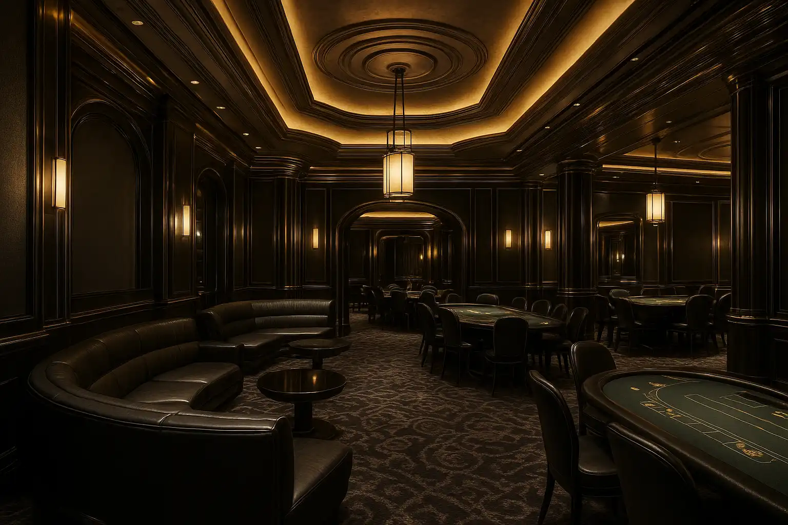 Elegant casino lounge interior with black and silver tones and ambient lighting