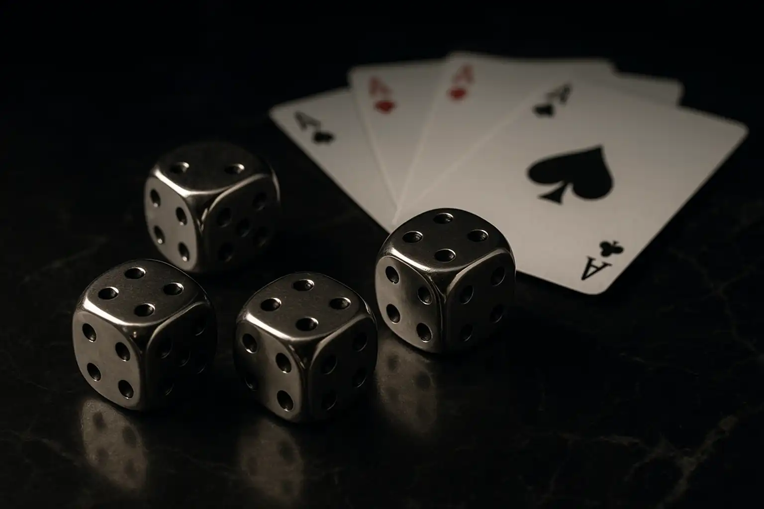 Silver dice and playing cards arranged on a black marble table under moody studio lighting