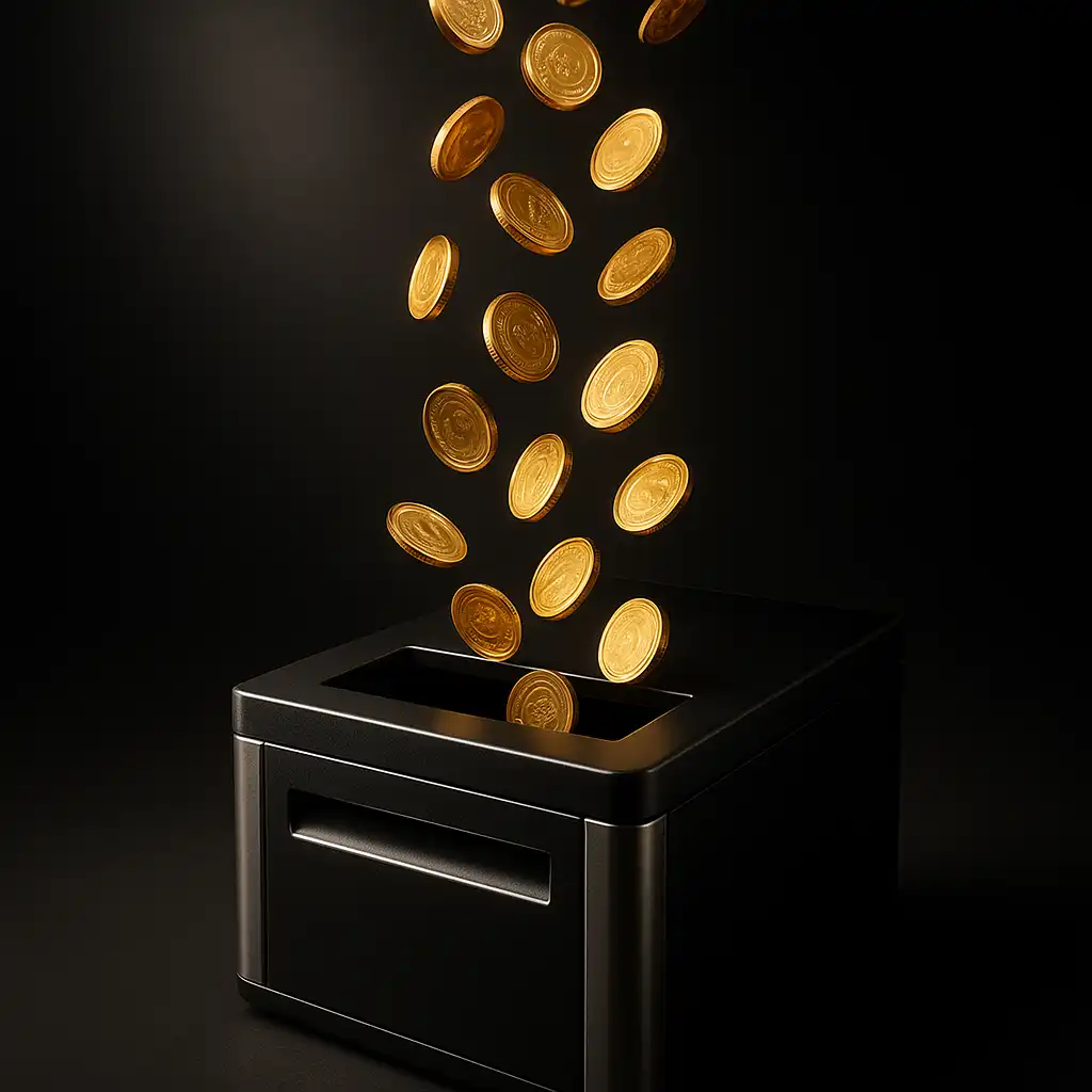 Gold coins dropping into a casino cashier deposit box